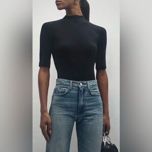 FRAME Ribbed Knit 1/2 Sleeve Black Mock Neck Sweater Top Medium
